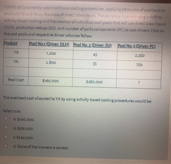COVID 19 Co currently uses traditional costing procedures, applying $800,000 of overhead to products YB and YA on the basis o