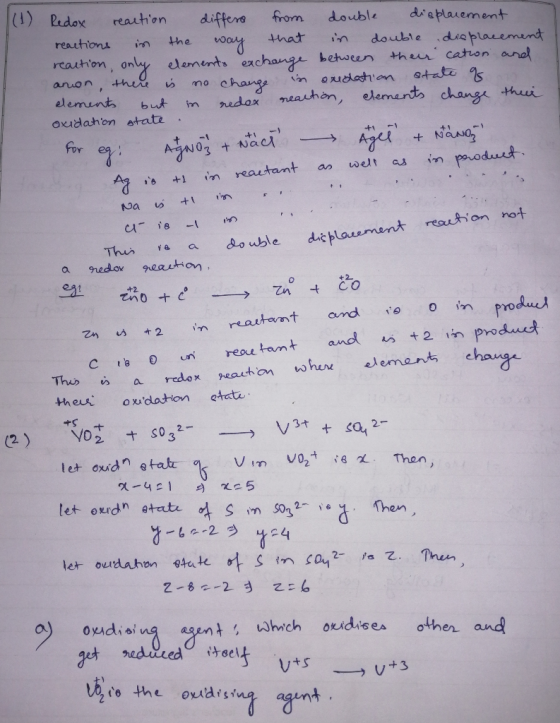 (1) Redox reaction differs from double displacement, that in double displacement reaction only elements exchange between thei