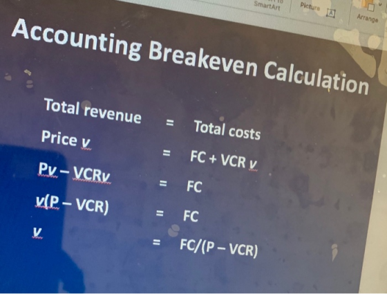 SmartArt Smartari Picture Arrange Accounting Breakeven Calculation Total revenue Price v = = Total costs FC + VCR v Pv.- VCRY