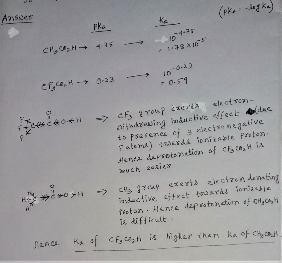 (pka = -log ka) Answers К Pka paka b 10 4.75 os CH₃CO2H 4.75 = 1.78*10s 10-0.23 0.23 - CF3 CO2H = 0.59 FECHECKOTH => CF3 gro