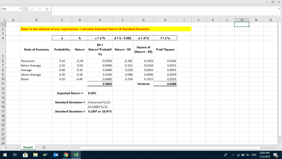 ** 7 x M1 A B C D E F G H I J K L M N O Note: In the absence of any requirement, I calculate Expected Return & Standard Devia