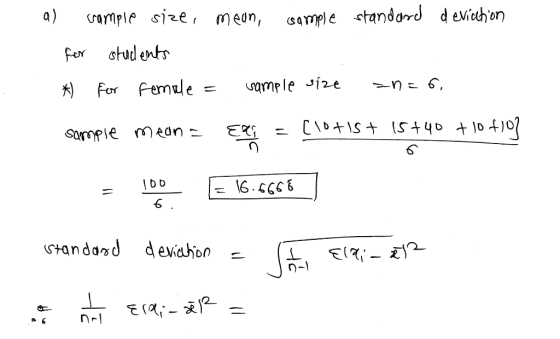 a) cramplA size, meon, sample standard deviethon otud entr Fer For Femule sample Ji2e 1 Sammpie m ean | bb Standand deviahion