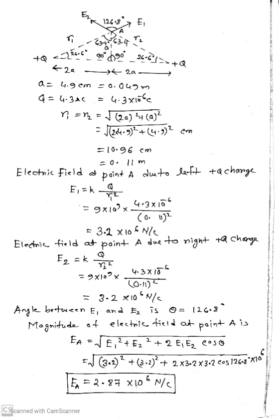 126.8 Ej TL < 26.60 +Q 090 26-6-> +Q kaa ► 2a a= 4.9 cm = 0.049m Q = 4.340 6.3x1öbe r == (2a) 4 (a)? = 1(2469)2+(4.972 =10.96