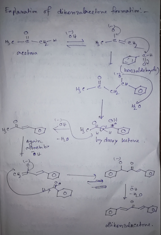 Explanation of dibenzalaneetone fromation! He -e-eh-ket Ź Berezen acetone (bernzaldehyde) . heech a Bo TO15 my drooky ketone!
