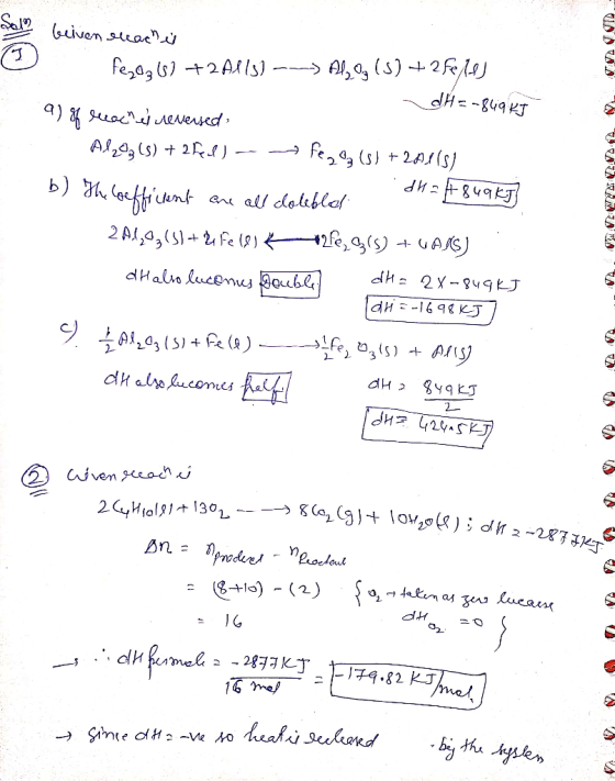 briven reach is fe20365) +2A1/) --> Al, 9; () +2Fe les dH=-849 kJ a) 86 lecches veversed; Al2O3(s) + 2 fed) -- as fez 9; (s)