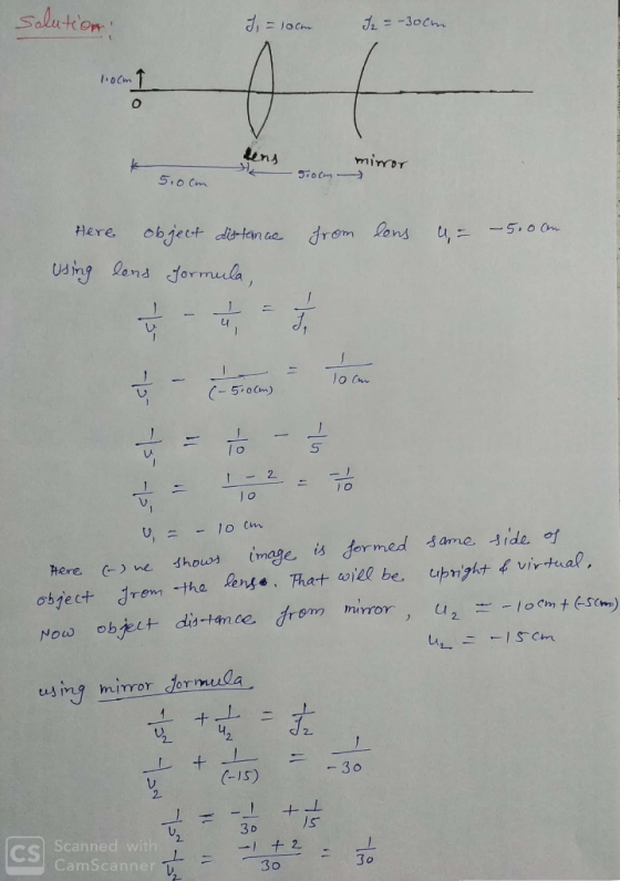 solution J = 10cm I2 = -30cm 1.0cm T mirror 5.0cm Toom = – 5.0 am Here object distance from lens using lens formula, - I - 25