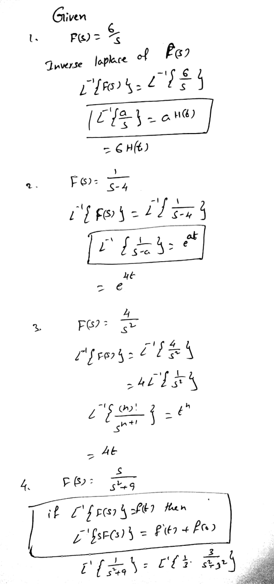 Given 1 F(S)- G s 6 S Inverse laplace of Pose L{fsng: < ICES} - 646) =6H(t) Fos) 5 i{ fissj -1 3 2. S-4 I {stara g = at е