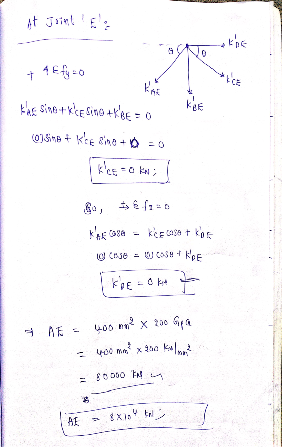 At Joint Els L2 داو AKDE o 4 Efy=0 t *KCE NC K AE Kae sino+kce sino +k8e = 0 KBE k (O) sine f KCE Sino + 0 = 0 klee = 0 km