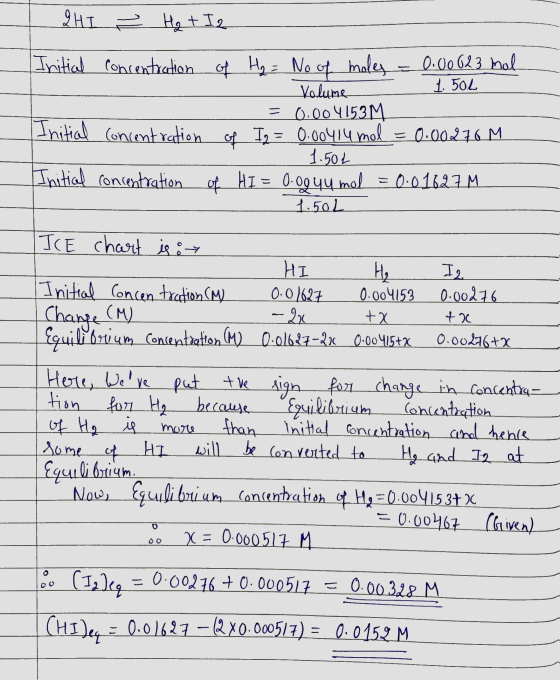 2 HI ² Hq + Iz Initial concentration of H₂ = No of moley = 0.00623 mal Volume 1. 50L = 0.004153 M Initial concentration of I2
