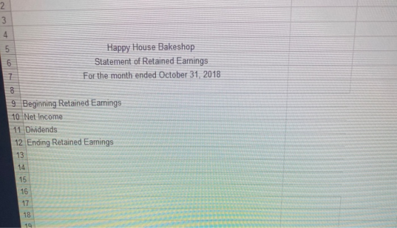 2 3 4 5 Happy House Bakeshop 6 Statement of Retained Earnings 7 For the month ended October 31, 2018 8 9 Beginning Retained E