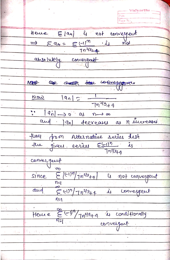 Vidyarthi Page No Here not convergent EC . not Elaul E aua 724344 absolutely convergent cose cheats the convergent Now . lanl