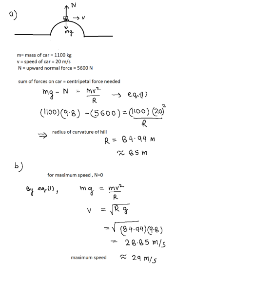 > V m- mass of car = 1100 kg v speed of car 20 m/s N upward normal force = 5600 N sum of forces on car centripetal force need