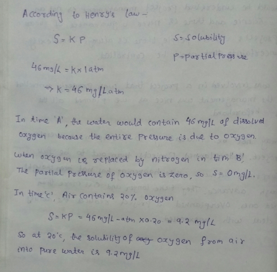 A ccotdin to Hensys la In time A, te oater would contain 46 mlL af dissolved ggun because the entise Presure is due to oyg en
