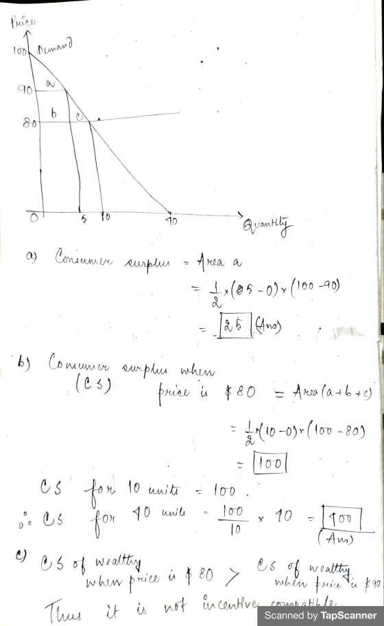 Price lool Demand 90 b 80 o 5 To TO Consum mere curplus Quantity Area a (09-09* (100-90) 25 l (Ans) x 2 by Consun usumer curp