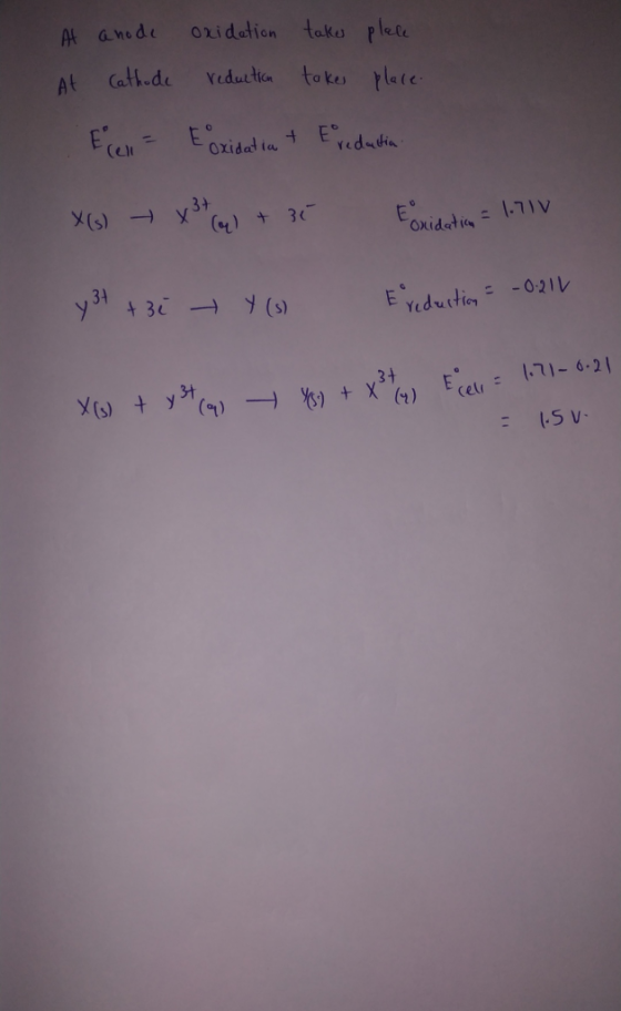 oxidation taka plele A anode Cathede Yedui tic tokes rlate At Ech=Eozidad t Eredata (el y 3+ 44) 3 (s) onidedi-71 v y 3 () E