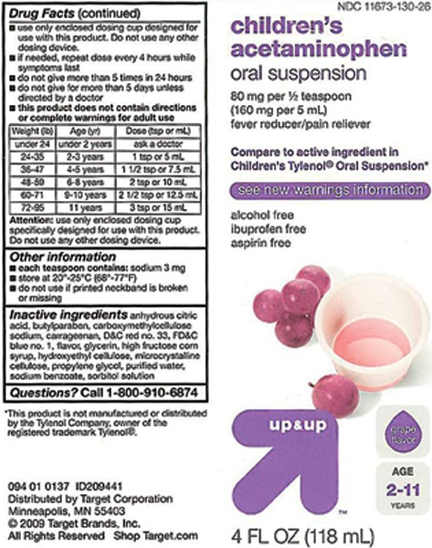 NDC 11673-130-26 childrens acetaminophen oral suspension 80 mg per 2 teaspoon (160 mg per 5 mL) fever reducer/pain reliever