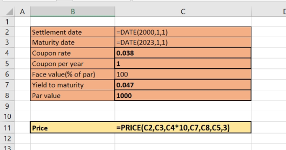 А в =DATE(2000,1,1) =DATE(2023,1,1) 0.038 Settlement date Maturity date Coupon rate Coupon per year Face valueſ% of par) Yiel