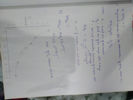 The gemeral equation for the dekruiNa dion BODS Valu is!- BoD (mg t)-D,-D Where D, - INitial Doc the Sample Dfinal Do the Sam