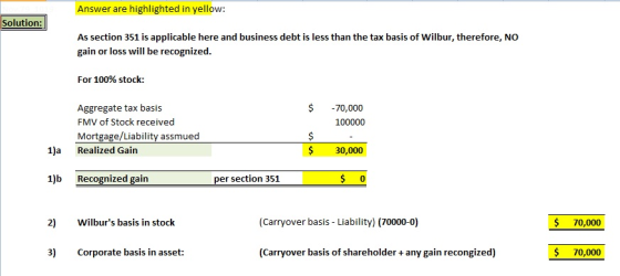 Answer are highlighted in yellow: Solution: As section 351 is applicable here and business debt is less than the tax basis of