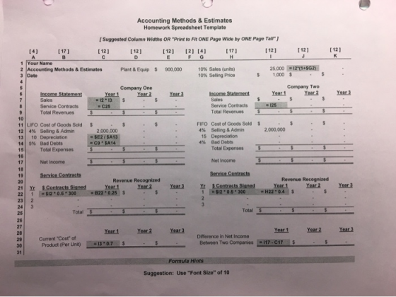 Accounting Methods & Estimates Homework Spreadsheet Template [Suggested Column widths OR Print to Fit ONE Page Wide by ONE P