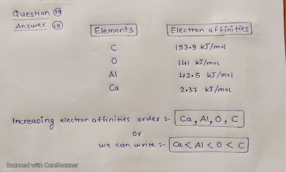 question Answer 9 6 Elements) Electron affinities! voz & 153.9 kJ/mol 141 kJ/mol 42.5 kJ/mol 2.37 kJ/mol Increasing electron