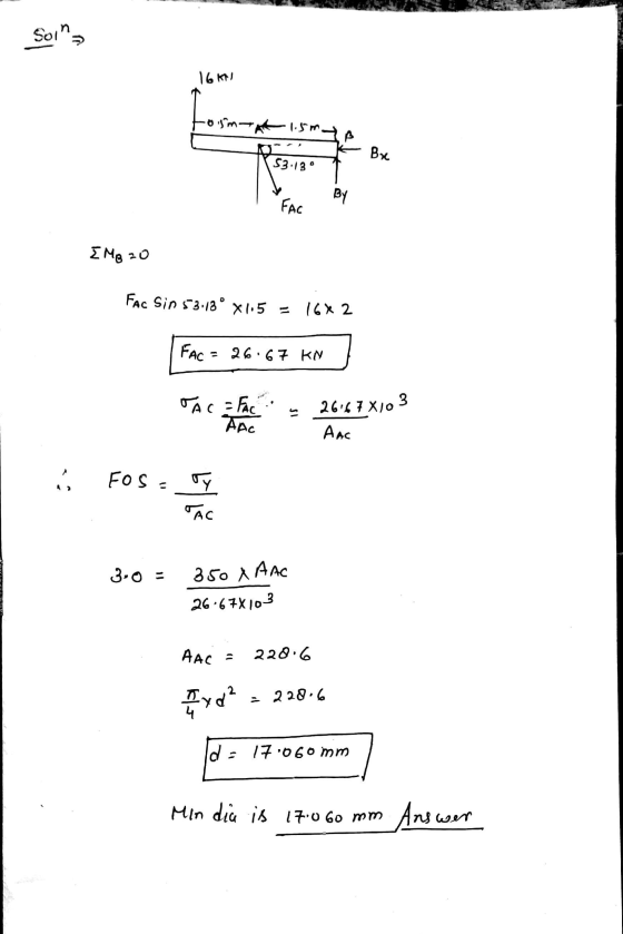 Soin 1671 کس ها 1.5 m Вх 53.13° By FAC Mg 20 Fac Sin 53.18° x1.5 = 16x2 FAC = 26.67 KN TAC = FAC AAC 26:47 X103 Алс : FOs = d