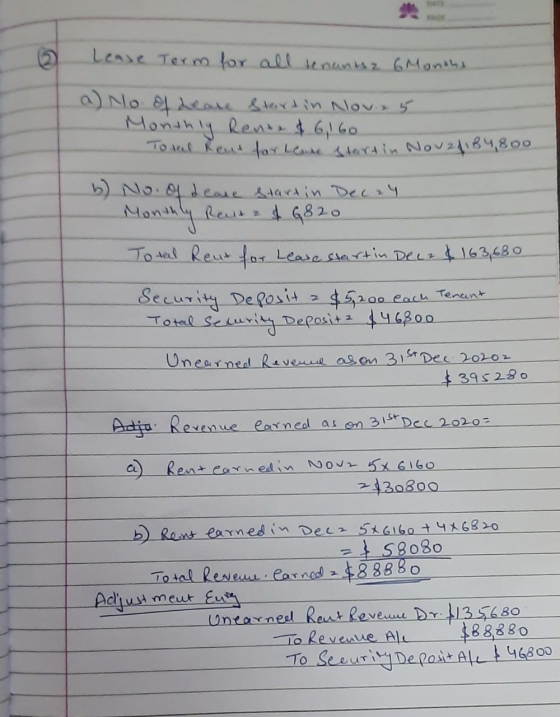 2 Lease Term for all senants 6 Months a) No. of Leare Start in Nov. 5 Monthly Rente & 6, 160 - Total Rent for Lease startin N
