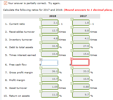 Your answer is partially correct. Try again. Calculate the following ratios for 2017 and 2018: (Round answers to 1 decimal pl