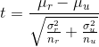 t = \frac{\mu_r-\mu_u}{\sqrt{\frac{\sigma_r^{2}}{n_r} + \frac{\sigma_u^{2}}{n_u}}}