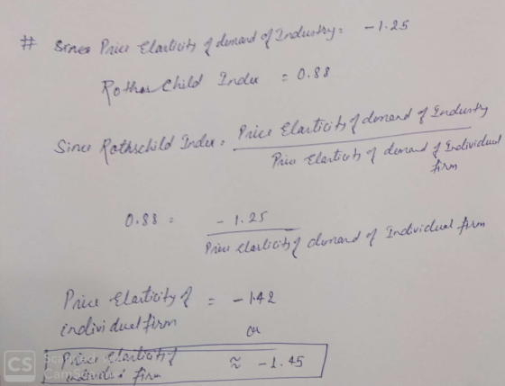 -1.25 # Sina Pric Electricity I derrard of Indusody: Rothes Child Index = 0.88 Since Rothschild Inder Price Elarticity of dem