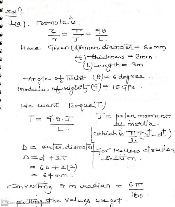 sol? Stre). Formula is ! II Here Giren (djinner diameler - Gomm tl thickness = emm. (L) Length = 3m Angle of Twist (0)= 6 deg
