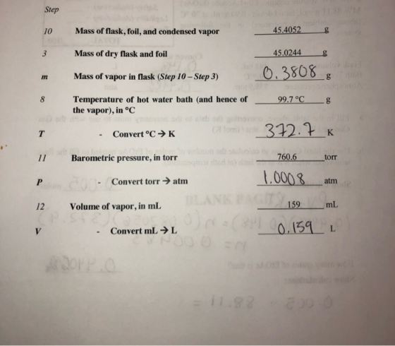 814 Step 45.4052 Mass of flask, foil, and condensed vapor 10 45.0244 3 Mass of dry flask and foil 0.3808 Mass of vapor in fla