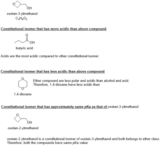 огон oxetan-3-ylmethanol CAH,02 Constitutional isomer that has more acidic than above compound NOH butyric acid Acids are the