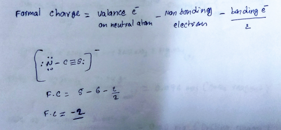 Formal charge = valance ê – Non bonding - banding é on neutral atan electrean F.C= 5-6 - 2 F.cz -2
