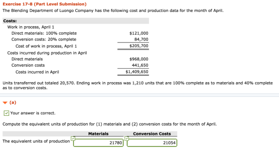 Exercise 17-8 (Part Level Submission) The Blending Department of Luongo Company has the following cost and production data fo
