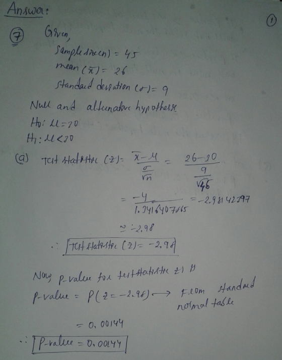 Answa emple dre en)- 45 mean ()26 standad dep ation l7)9 Null and allunahre hypothers 26-90 -9 1.3y1y0715 -2.98142797 TOH Hat