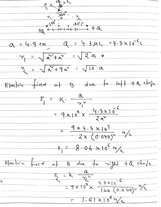 116.60 a Ž 45° 18.40 L ta tastattata 구 due E a 4.9 emo q 4.3ue =4.3xlore ătar v pao y = Vărqa rio a Electric field at B to le