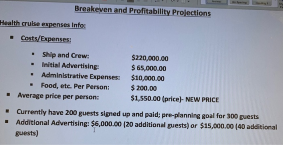 Breakeven and Profitability Projections Health cruise expenses Info: Costs/Expenses: - Ship and Crew: Initial Advertising: Ad