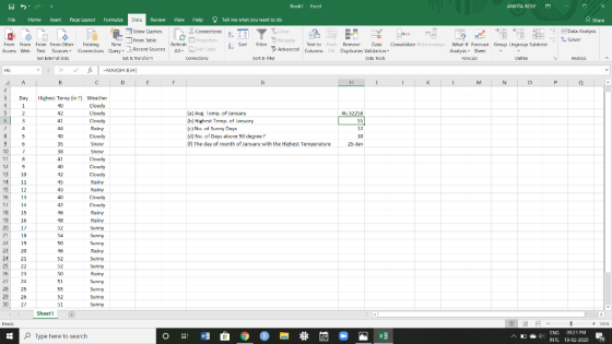 ANKITA BOSE ANKITA ROSE - - O Share Dela Analysis Book1 - Excel View Help Tell me what you want to do Connections A Y clear R