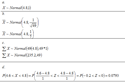 a. X - Normal (4.8.1) b. X - Normal 4.8. 149 X - Normal 4.8, C. X - Normal(49(4.8),49*1) EX - Normal(235.2,49) d. 4.6-4.8 P(4