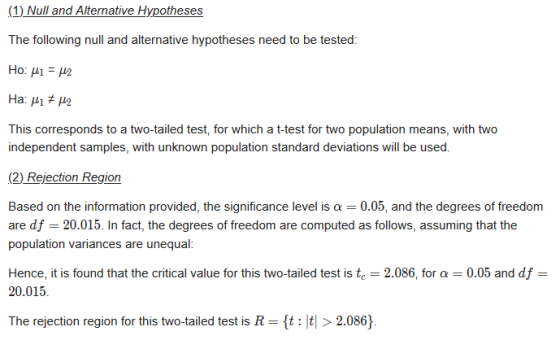 (1) Null and Alternative Hypotheses The following null and alternative hypotheses need to be tested: Ho: Mi = 12 Ha: Mi + M2