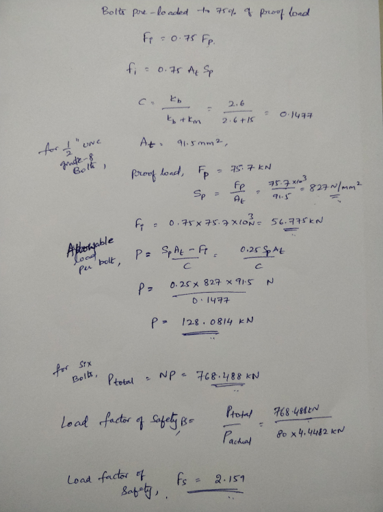 Bolts pre-loaded to 75% of proof load Fi = 0.75 Fp. fi = 0.75 At Sp 2.6 0.1497 ktkm 2.6+15 At. UNC for I 91.8mme, 2 grade 8 B