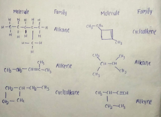 Molecule Family Molecule H H H H H-C-C-( (-(-H Allan CH₃ CH2 Cycloalkene HHHH H- (-H (H₂ н Cl₂ Alkane CH-CH CH₃ (H=C-CH₂ Alke