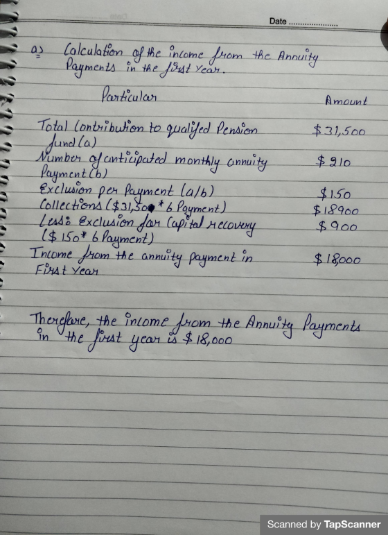 Date Amount a) Calculation of the income from the Annuity Payments in the first year. Particular Total contribution to qualif