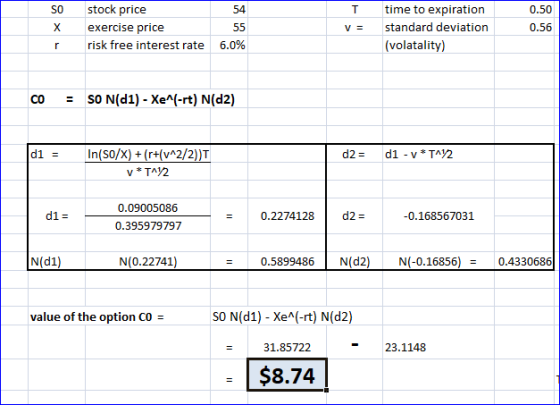 SO X stock price exercise price risk free interest rate 54 55 6.0% 0.50 0.56 v time to expiration standard deviation (volatal