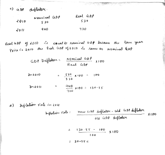 c) UDP deflator. Nominal app Real GDP 530 2010 530 Roll quo 720 year Real UDP of 2010 is equal to nominal upp because the Bas