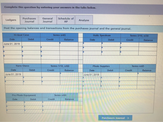 Complete this question by entering your answers in the tabs below. Ledgers Schedule of General Journal Purchases Journal Anal
