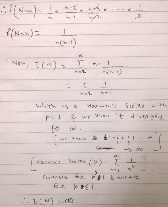 in 72 P/Nan) = NOV Now, I(N) - Now, E(N) = Emol non-1 n(n-1) [ n=2 1 n-1 2 which is a Harmonic series with p= 7 & we know it