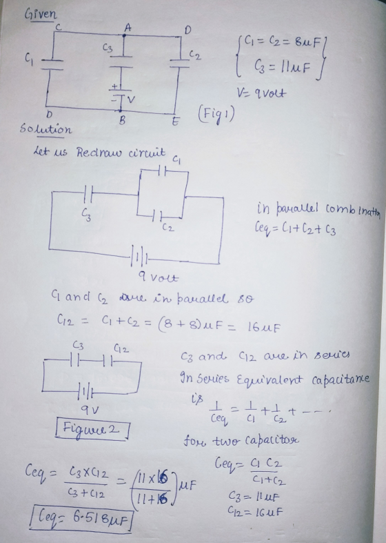 Given C A D C3 Ico 19- •C=C2=8uF C3 = 11uF J I -IV V- qvolt b Solution (Figi) B E Let us Redraw circuit HE 의 C2 in parallel c