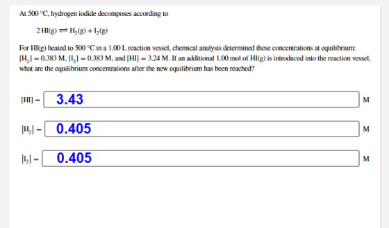 At 500°C, hydrogen iodide decomposes according to 2 HI(g) = H2(g) +12(9) For HI(9) heated to 500 °C in a 1.00 L reaction vess